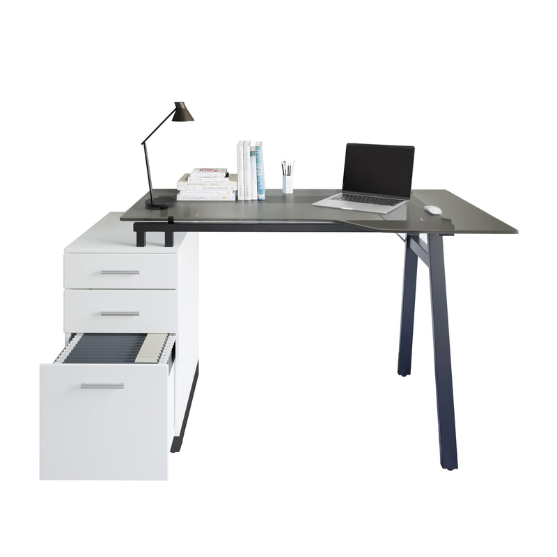 Techni MobiliModern Home Office Computer Desk with smoke tempered glass top &Storage - White