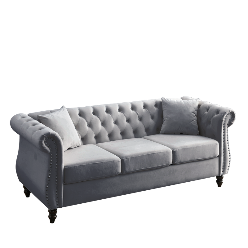 80" Chesterfield Sofa Grey Velvet for Living Room, 3 Seater Sofa Tufted Couch with Rolled Arms and Nailhead for Living Room, Bedroom, Office, Apartment, two pillows