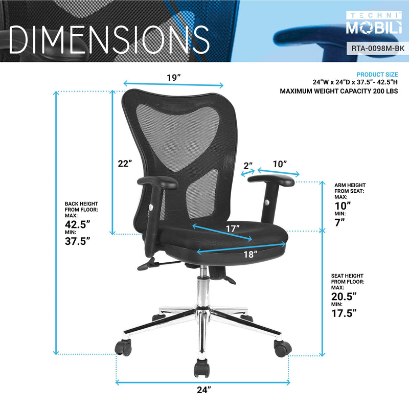 Techni Mobili High Back Mesh Office Chair With Chrome Base, Black - Urban Living Furniture (Los Angeles, CA)