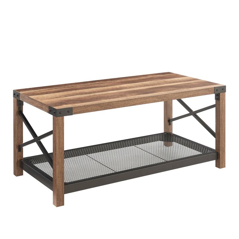 38.82" Farmhouse Coffee Table, 2-Tier Cocktail Table, Center Table with Mesh Shelf, Steel Frame, Corner Protection, Industrial Style, Long Table For Living Room, Brown