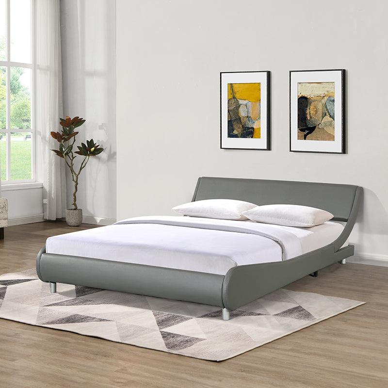 Faux Leather Upholstered Platform Bed Frame, Curve Design, Wood Slat Support, No Box Spring Needed, Easy Assemble, Queen Size, Gray