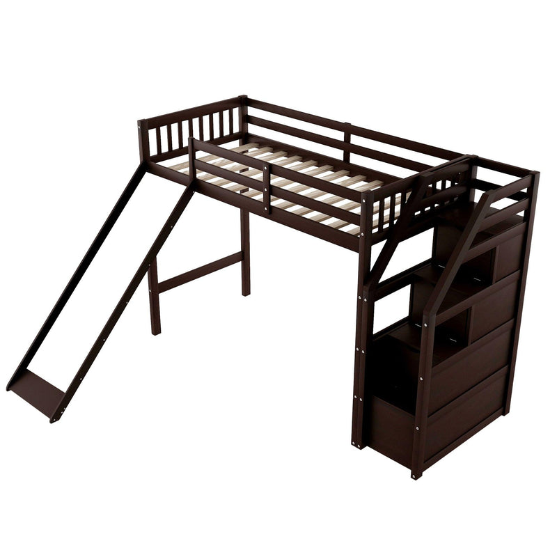 Twin Size Loft Bed withStorage and Slide, Espresso