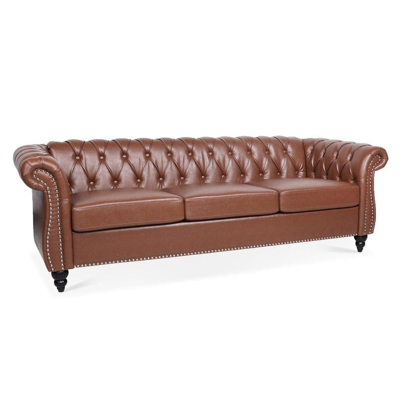 84.65"BROWN PU Rolled Arm Chesterfield Three Seater Sofa.
