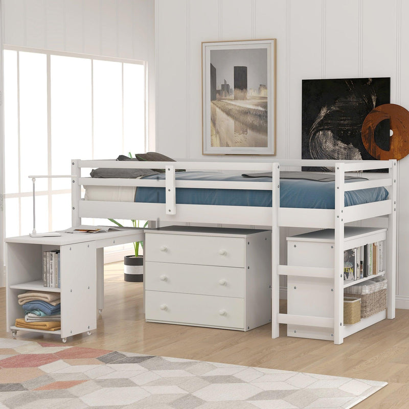 Low Study Twin Loft Bed with Cabinet and Rolling Portable Desk - White - Urban Living Furniture (Los Angeles, CA)