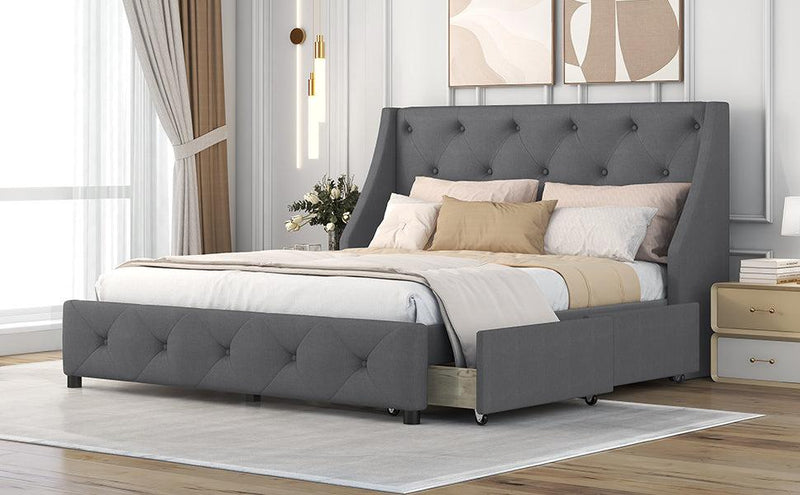 Upholstered Platform Bed with Wingback Tufted Headboard and 4 Drawers, No Box Spring Needed, Linen Fabric, Queen Size Gray
