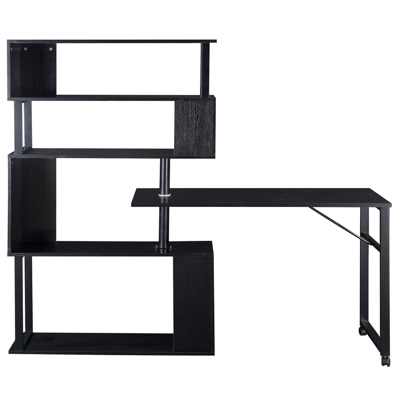 Home Office Computer Desk L-Shaped Corner Table, Rotating Computer Table with 5-Tier Bookshelf, Four Installation Methods, Lockable Casters (Black) - Urban Living Furniture (Los Angeles, CA)