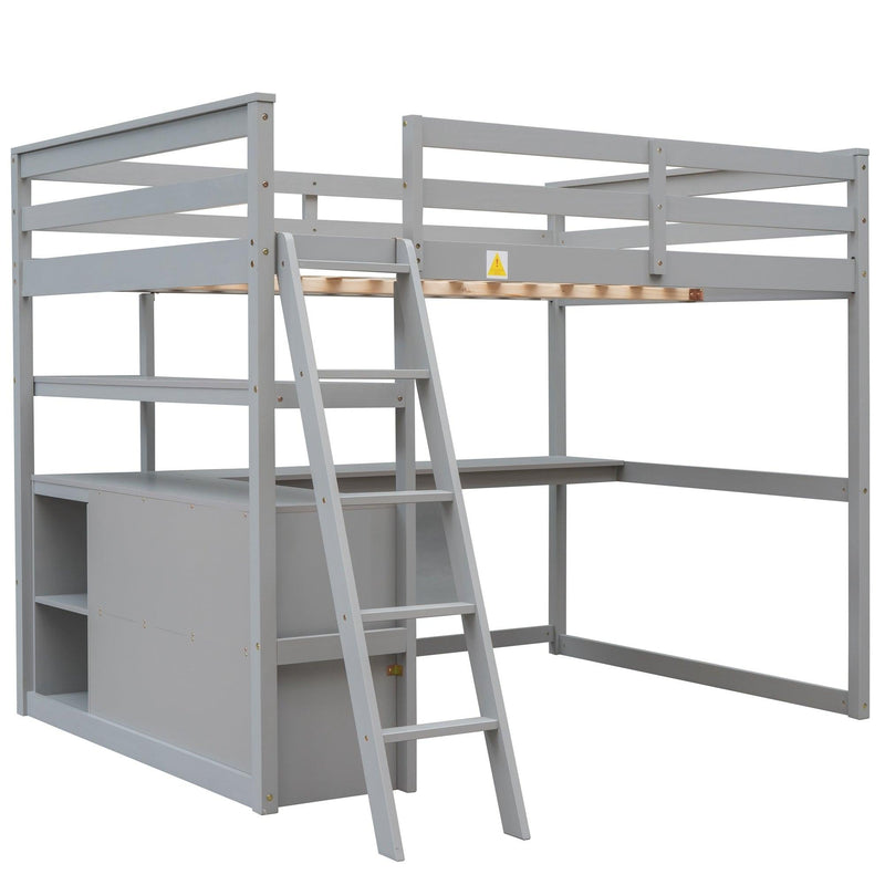 Full Size Loft Bed with Desk and Shelves,Two Built-in Drawers,Gray