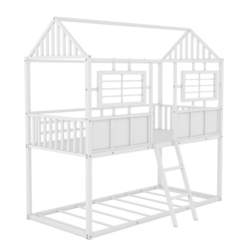 Twin over Twin Size Metal Low Bunk Beds with Roof and Fence-shaped Guardrail, White