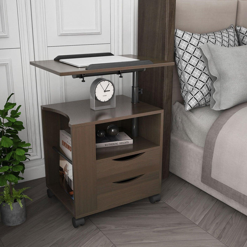 Height Adjustable Overbed End Table Wooden Nightstand with Swivel Top,Storage Drawers, Wheels and Open Shelf,  (Black oak) - Urban Living Furniture (Los Angeles, CA)