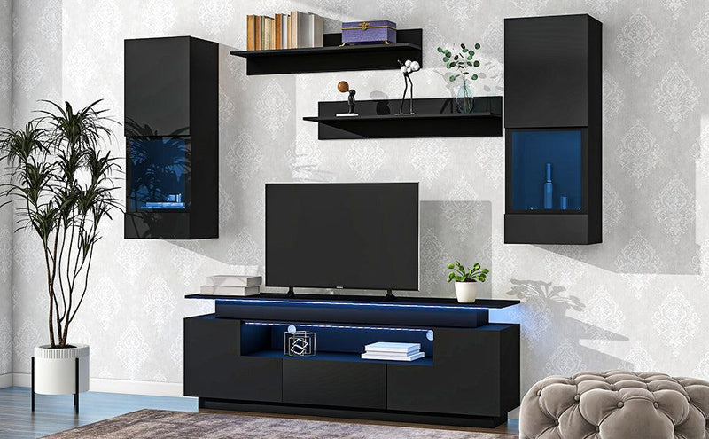 Stylish Functional TV stand, 5 Pieces Floating TV Stand Set, High Gloss Wall Mounted Entertainment Center with 16-color LED Light Strips for 75+ inch TV, Black