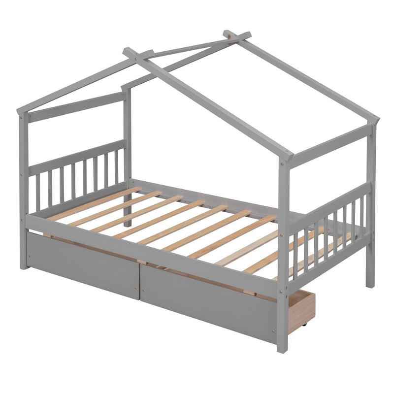 Twin Size Wooden House Bed with Drawers, Gray