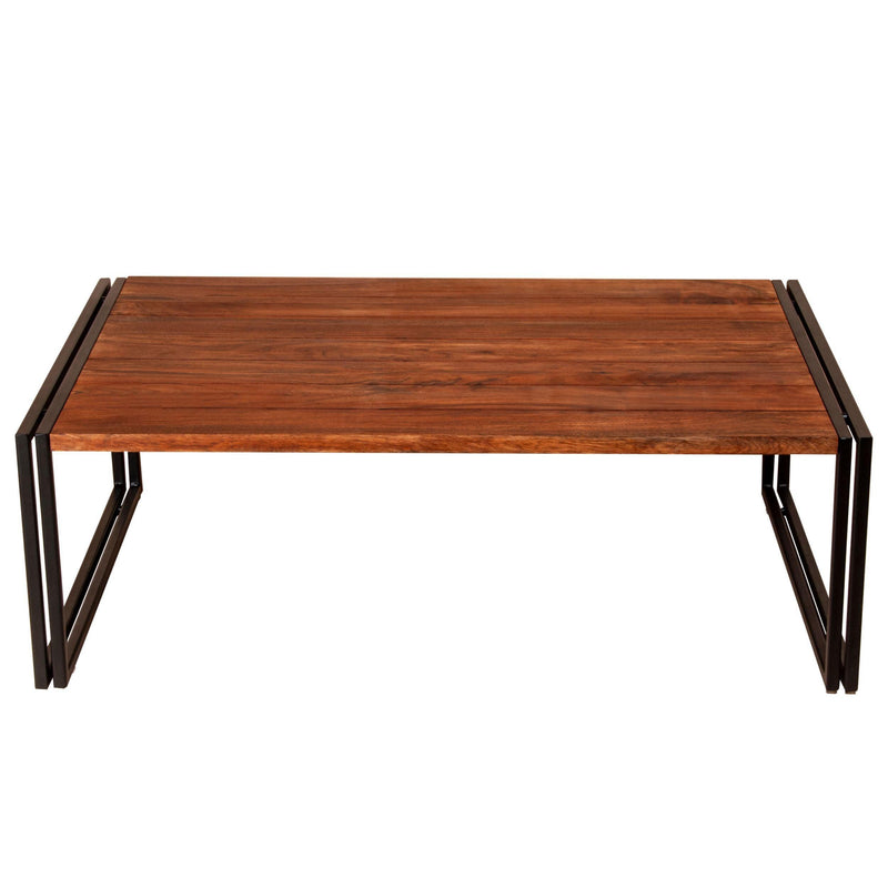 48 Inch Wooden Coffee Table with Double Metal Sled Base, Brown and Black