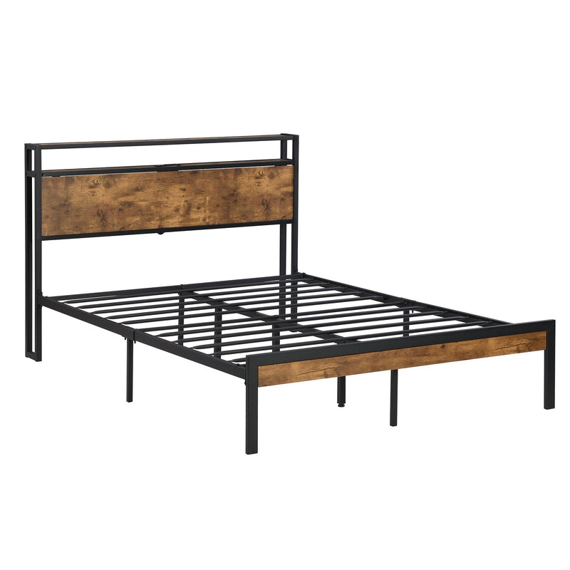 Queen Size  Metal Platform Bed Frame with Wooden Headboard and Footboard with USB LINER, No Box Spring Needed, Large Under BedStorage, Easy Assemble - Urban Living Furniture (Los Angeles, CA)