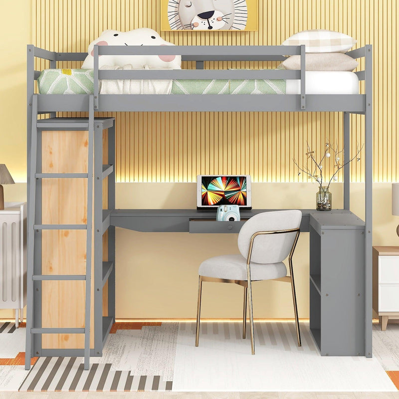 Full Size Loft Bed with Ladder, Shelves, and Desk, Gray - Urban Living Furniture (Los Angeles, CA)