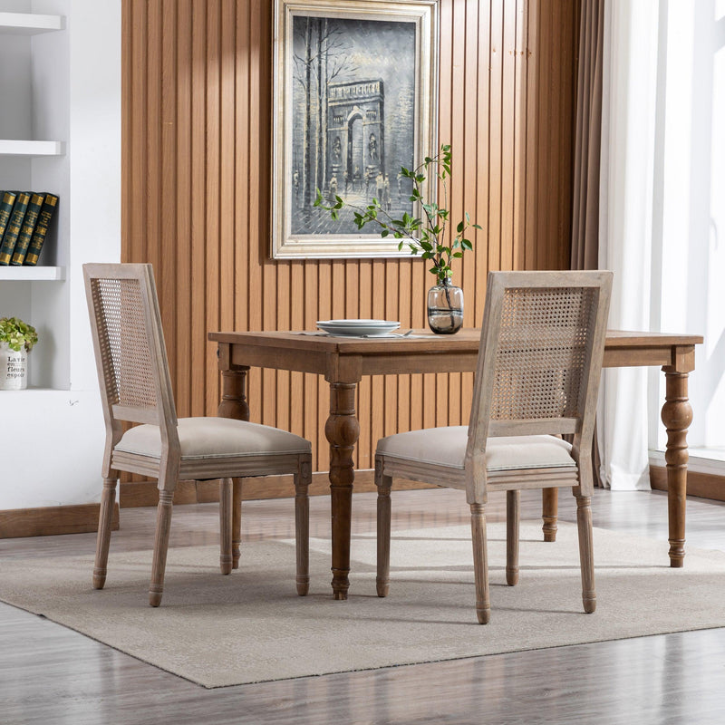 French Style Solid Wood Frame Linen Fabric Antique Painting Rattan Back Dining Chair ,Seat of 2,Cream - Urban Living Furniture (Los Angeles, CA)