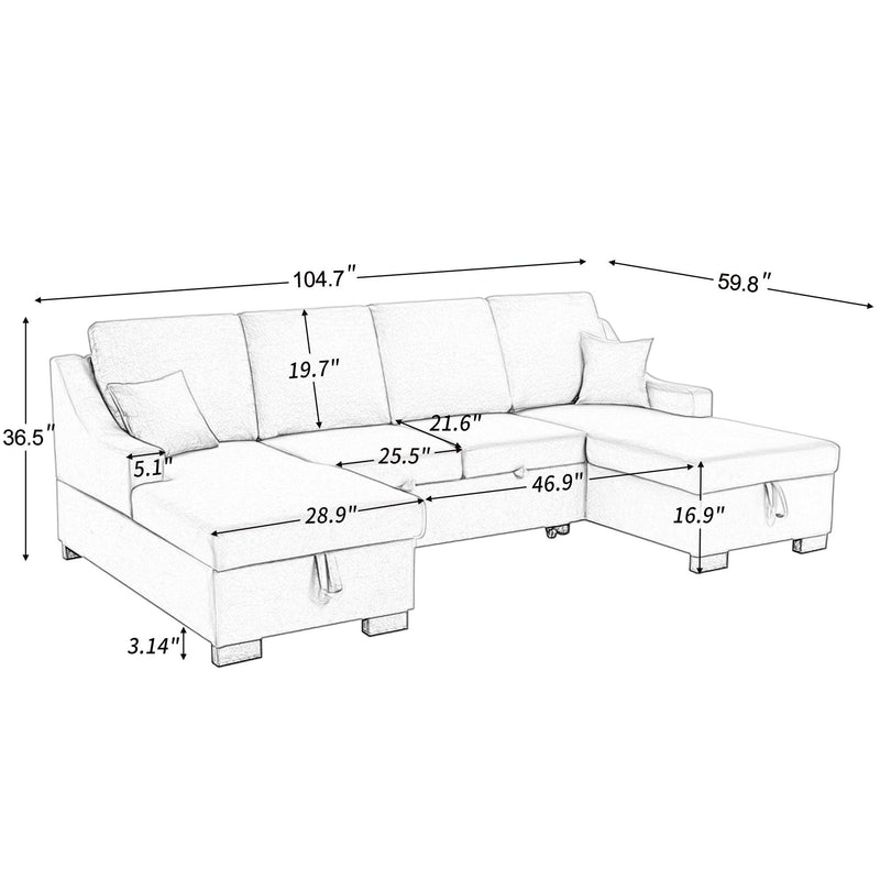 Upholstery Sleeper Sectional Sofa with DoubleStorage Spaces, 2 Tossing Cushions, Grey