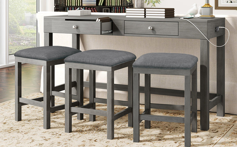 4-Piece Counter Height Table Set with Socket and Fabric Padded Stools, Gray - Urban Living Furniture (Los Angeles, CA)