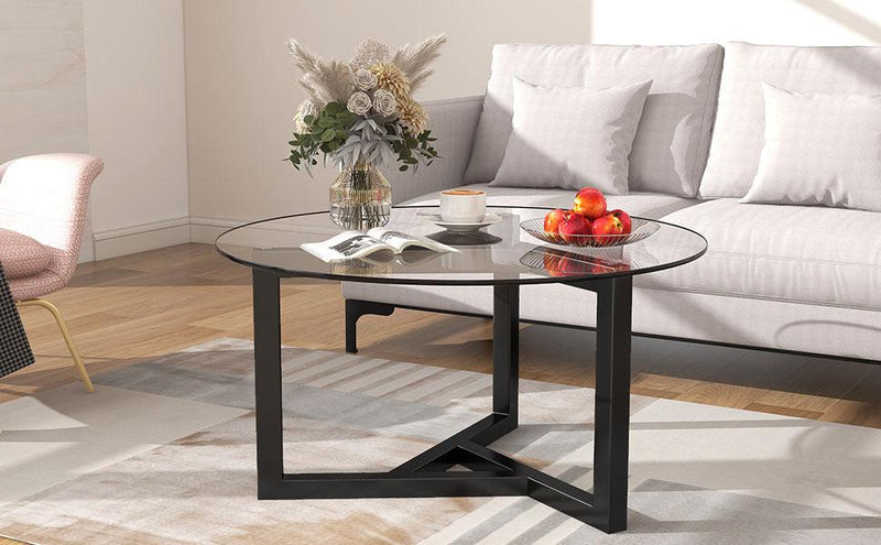 Round Glass Coffee TableModern Cocktail Table Easy Assembly with Tempered Glass Top & Sturdy Wood Base (Black) - Urban Living Furniture (Los Angeles, CA)