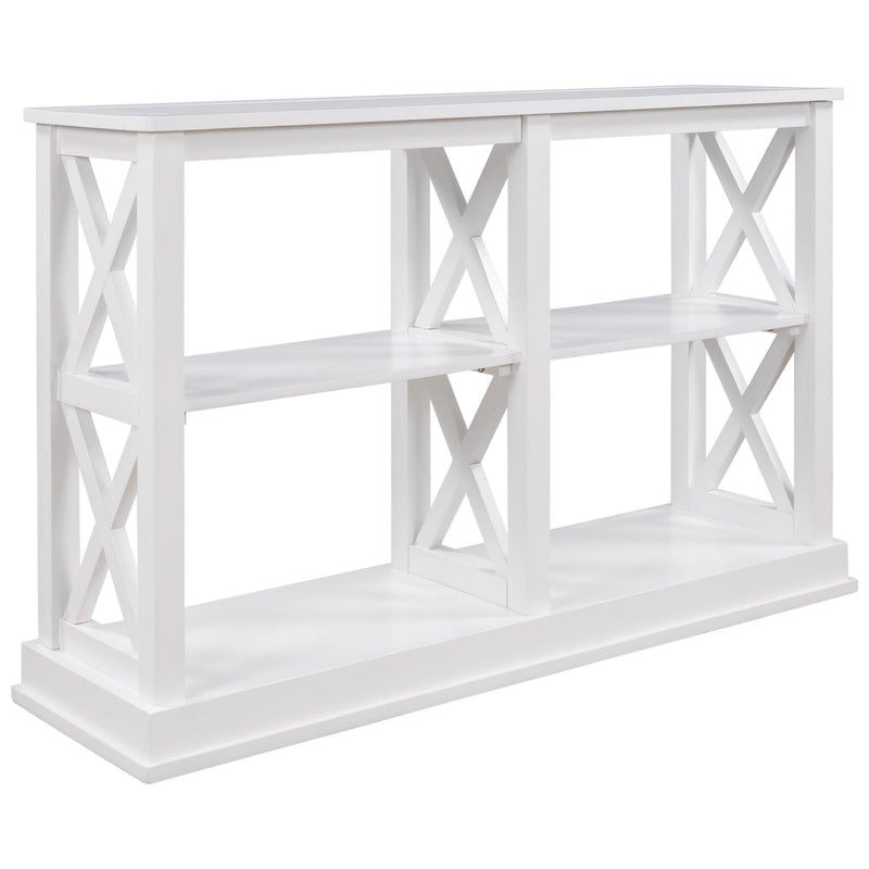 Console Table with 3-Tier OpenStorage Spaces and "X" Legs, Narrow Sofa Entry Table for Living Room (White)