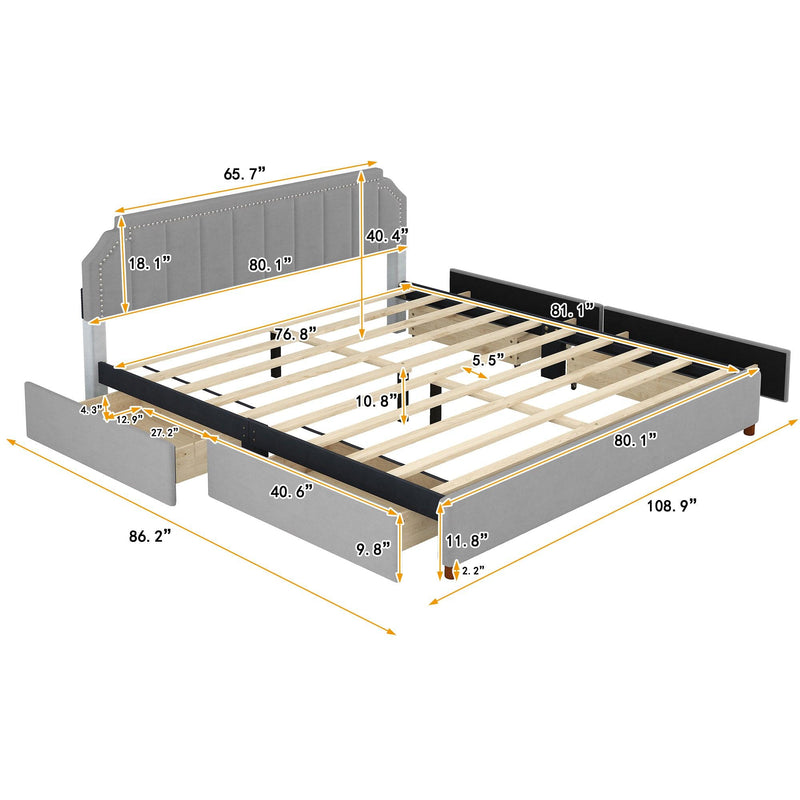 King Size Upholstery Platform Bed with FourStorage Drawers,Support Legs,Grey - Urban Living Furniture (Los Angeles, CA)