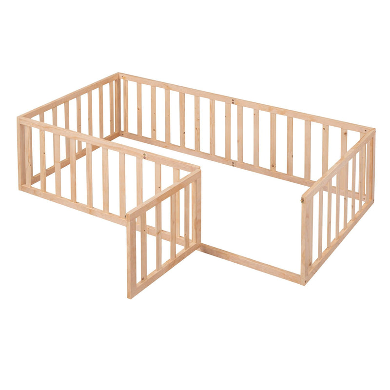 Twin Size Wood Floor Bed Frame with Fence and Door, Natural