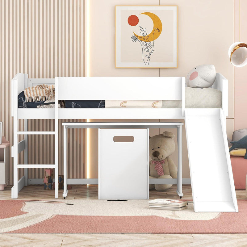 Low Study Twin Loft Bed with Rolling Portable Desk and Chair,Multiple Functions Bed- White - Urban Living Furniture (Los Angeles, CA)