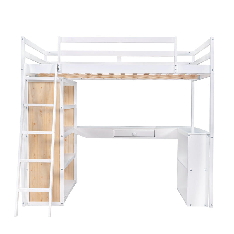 Full Size Loft Bed with Ladder, Shelves, and Desk, White - Urban Living Furniture (Los Angeles, CA)