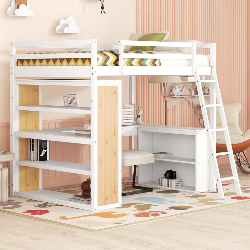 Full Size Loft Bed with Ladder, Shelves, and Desk, White - Urban Living Furniture (Los Angeles, CA)