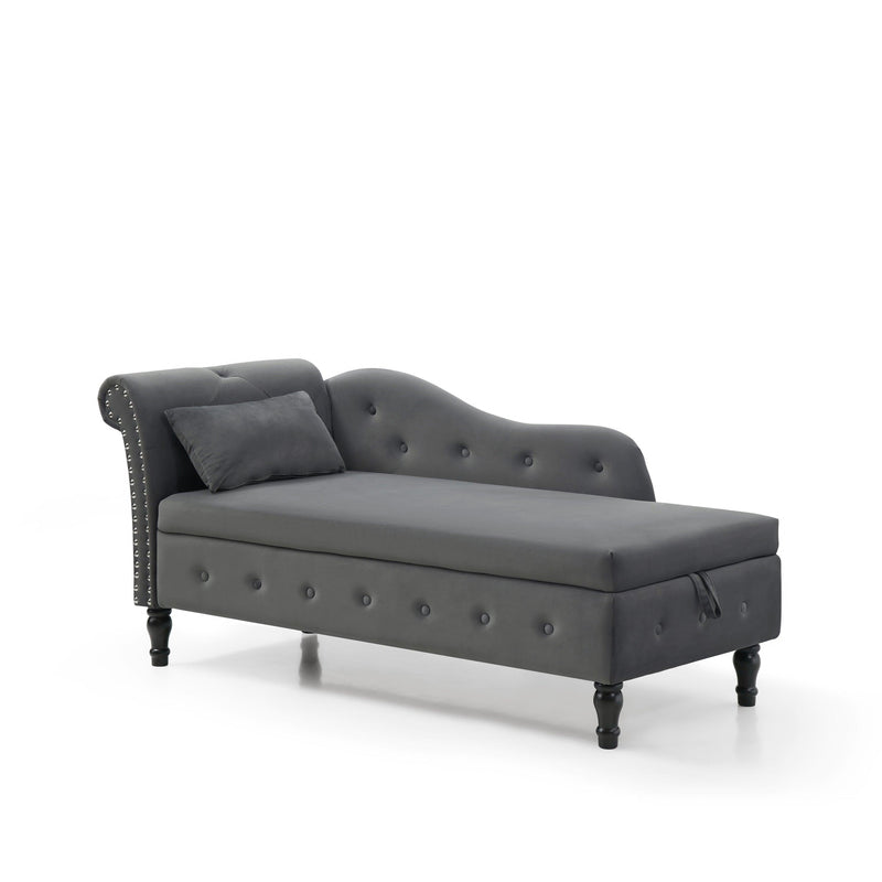 60" Velvet MultifunctionalStorage Chaise Lounge Buttons Tufted Nailhead Trimmed Solid Wood Legs with 1 Pillow,Grey