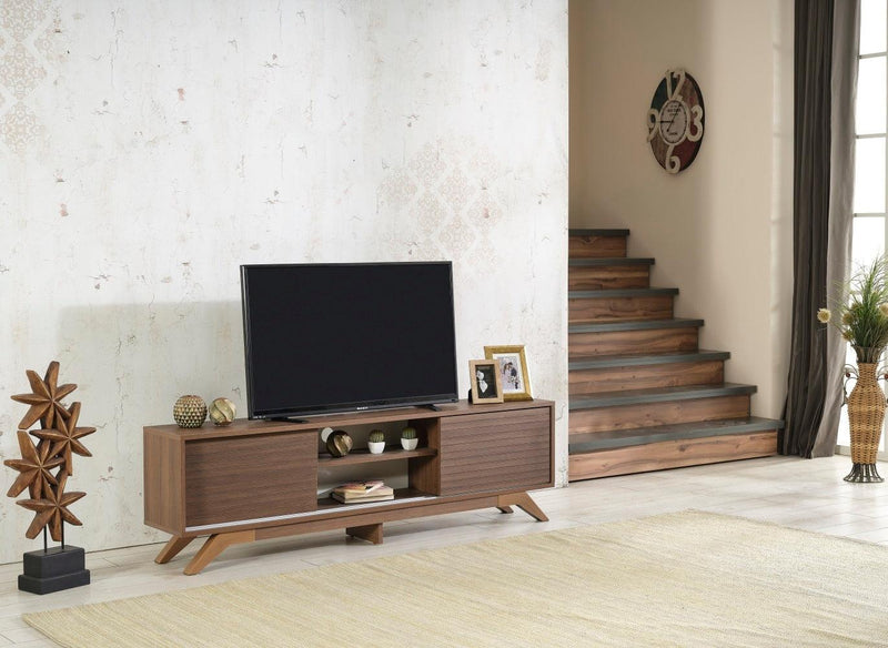 Luxia Mid CenturyModern Tv Stand 2 Sliding Door Cabinet 2 Shelves 67 inch Tv Unit, Walnut