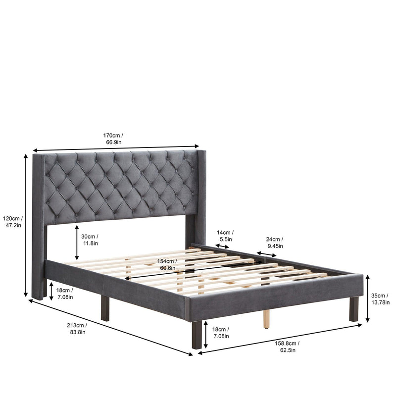 Velvet Button Tufted-Upholstered Bed with Wings Design - Strong Wood Slat Support - Easy Assembly - Gray, Queen, platform bed - Urban Living Furniture (Los Angeles, CA)