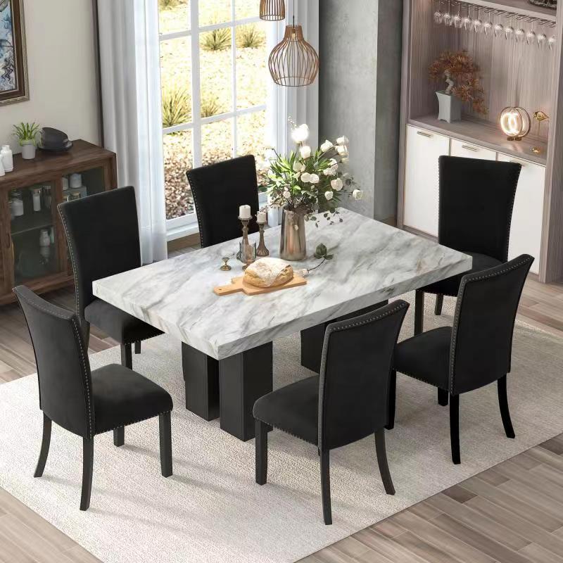 7-piece Dining Table Set with 1 Faux Marble Dining Rectangular Table and 6 Upholstered-Seat Chairs ,for Dining room and Living Room ,Black - Urban Living Furniture (Los Angeles, CA)