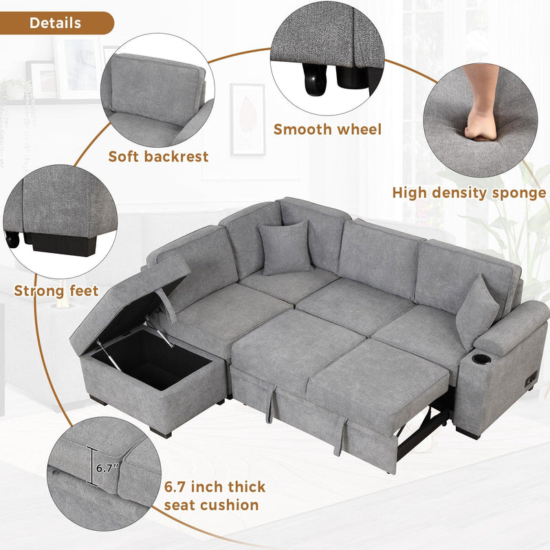 87.4" Sleeper Sofa Bed,2 in 1 Pull Out sofa bed L Shape Couch withStorage Ottoman for Living Room,Bedroom Couch and Small Apartment，Gray