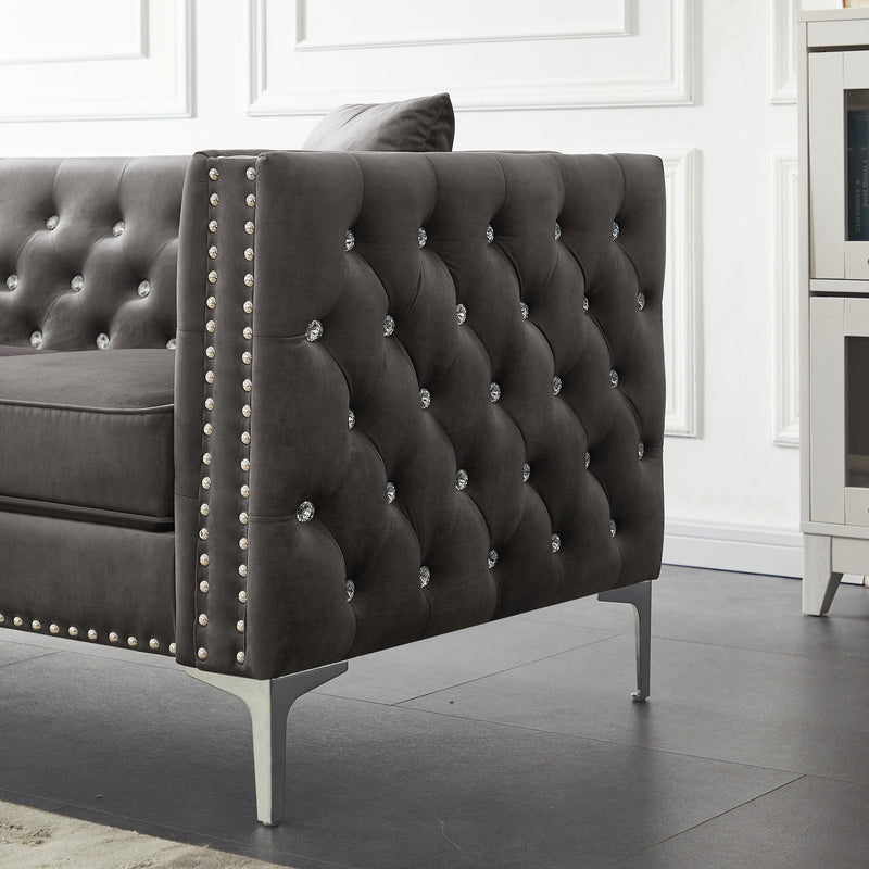 82.3" WidthModern Velvet Sofa Jeweled Buttons Tufted Square Arm Couch Grey,2 Pillows Included