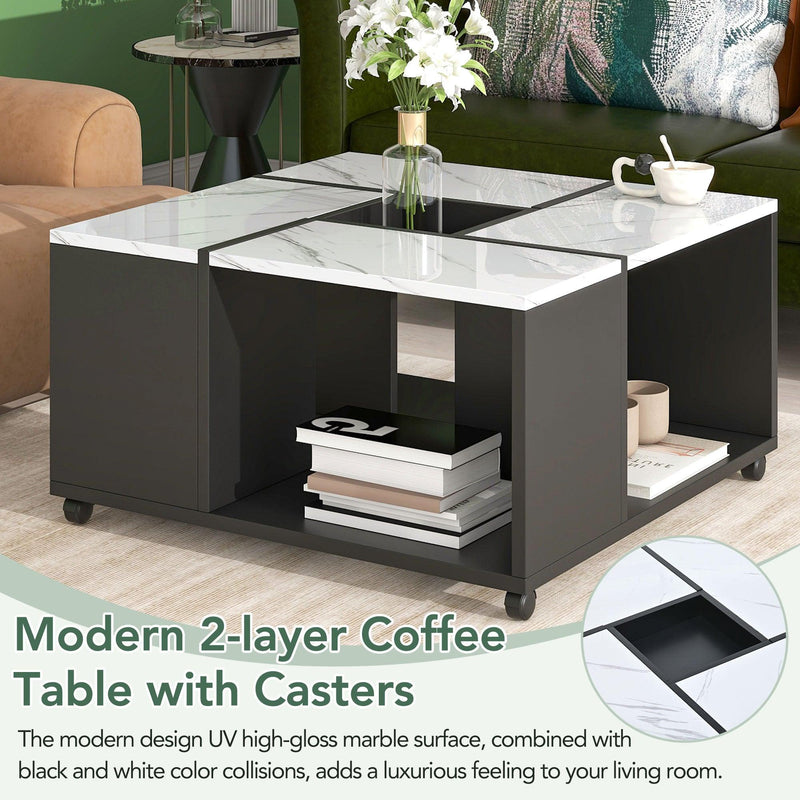 Modern 2-layer Coffee Table with Casters, Square Cocktail Table with Removable Tray，UV High-gloss Marble Design Center Table for Living Room，31.4”x 31.4” - Urban Living Furniture (Los Angeles, CA)