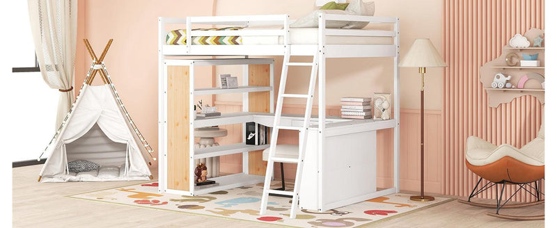 Full Size Loft Bed with Ladder, Shelves, and Desk, White - Urban Living Furniture (Los Angeles, CA)