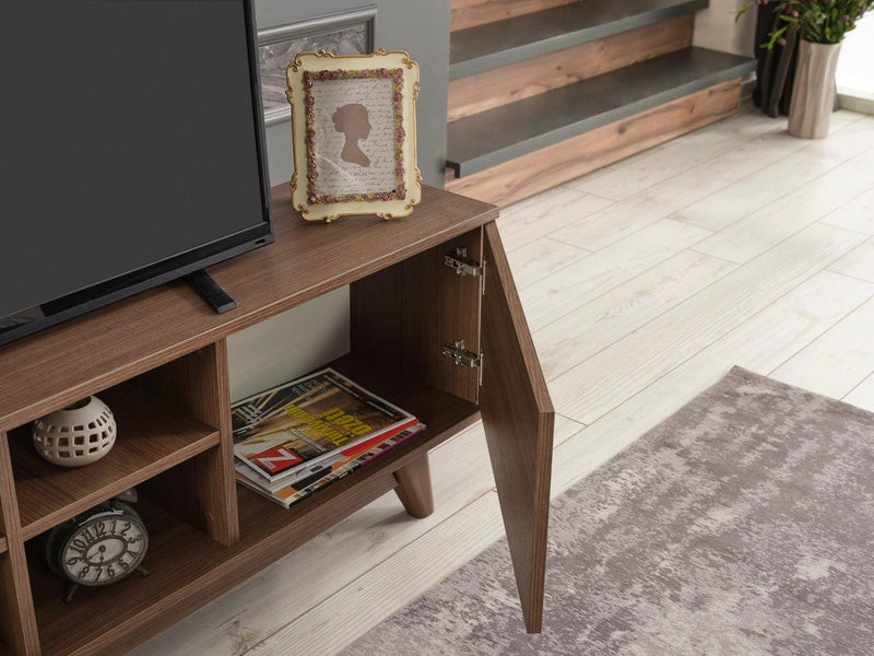 Lina Mid CenturyModern Tv Stand 2 Door Cabinet 4 Cubby Hole Shelves 67 inch Tv Unit, Walnut - Urban Living Furniture (Los Angeles, CA)