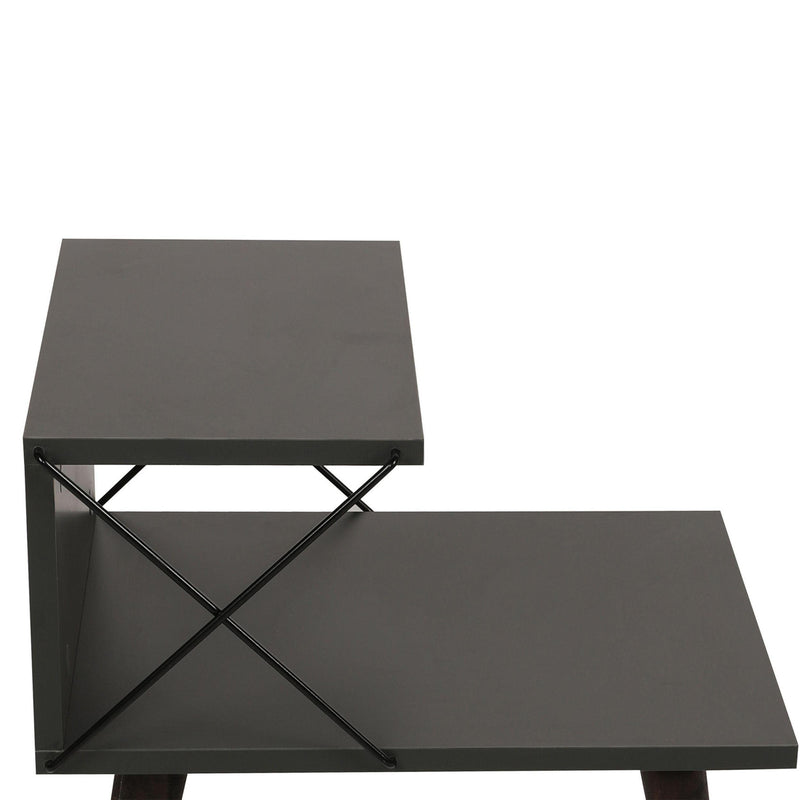 22 Inch Rectangular 2 Tier Wood  Nightstand Side Table, Crossed Metal Bar Frame, Angled Legs, Charcoal Gray, Brown - Urban Living Furniture (Los Angeles, CA)