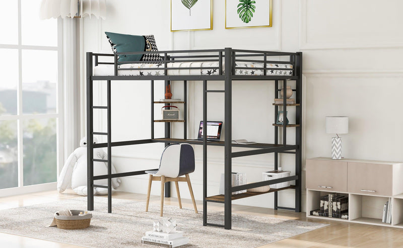 Full Size Loft Metal&MDF Bed with Long Desk and Shelves,Black - Urban Living Furniture (Los Angeles, CA)