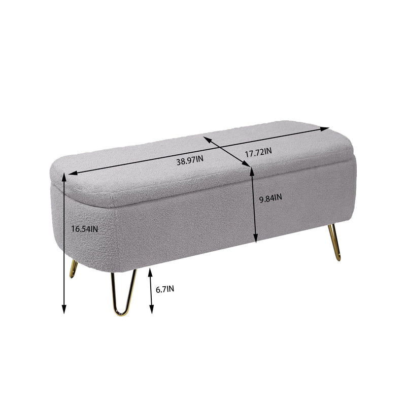 GreyStorage Ottoman Bench for End of Bed Gold Legs,Modern Grey Faux Fur Entryway Bench Upholstered Padded withStorage for Living Room Bedroom