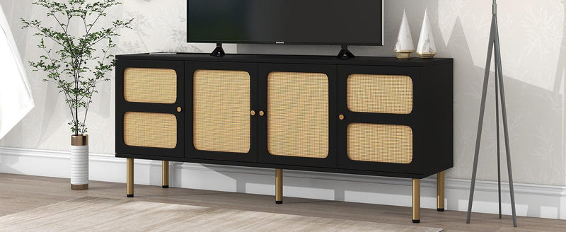 Boho style TV Stand with Rattan Door, Woven Media Console Table for TVs Up to 70”, Country Style Design Side Board with Gold Metal Base for Living Room, Black. - Urban Living Furniture (Los Angeles, CA)