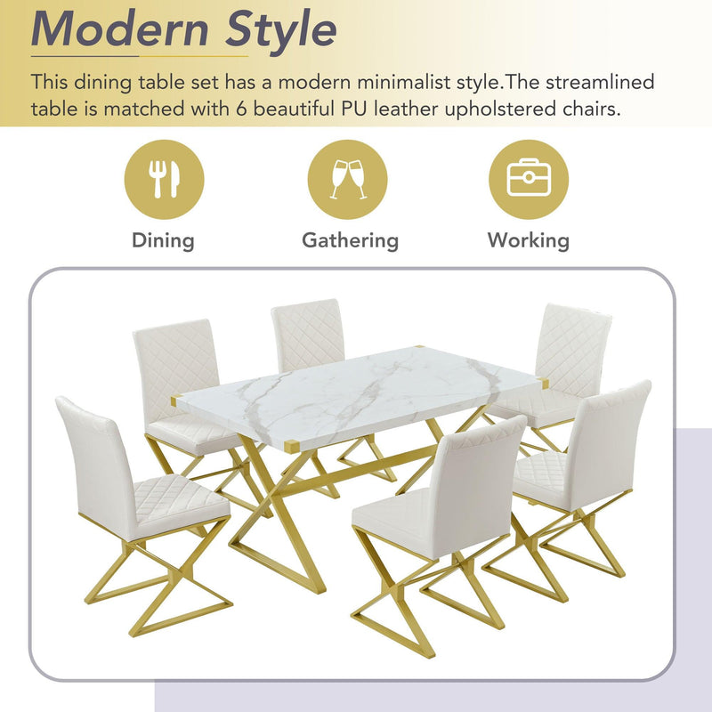 7-PieceModern Dining Table Set, Rectangular Marble Texture Kitchen Table and 6 PU leather Chairs with X-Shaped Gold Steel Pipe Legs for Dining Room (White) - Urban Living Furniture (Los Angeles, CA)