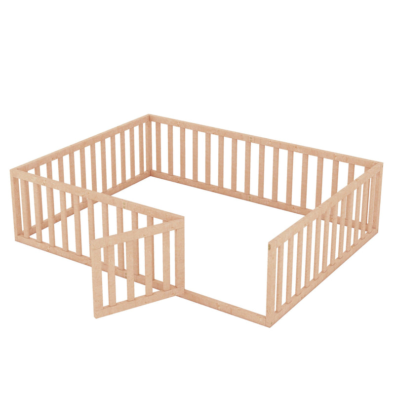 Queen Size Wood Floor Bed Frame with Fence and Door, Natural - Urban Living Furniture (Los Angeles, CA)