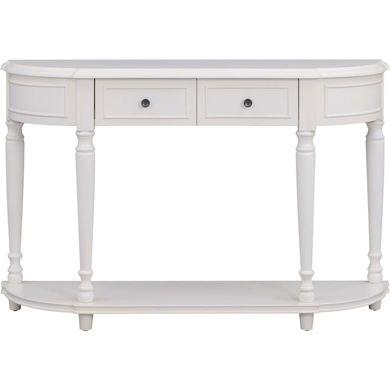 Retro Circular Curved Design Console Table with Open Style Shelf Solid Wooden Frame and Legs Two Top Drawers (Antique White) - Urban Living Furniture (Los Angeles, CA)