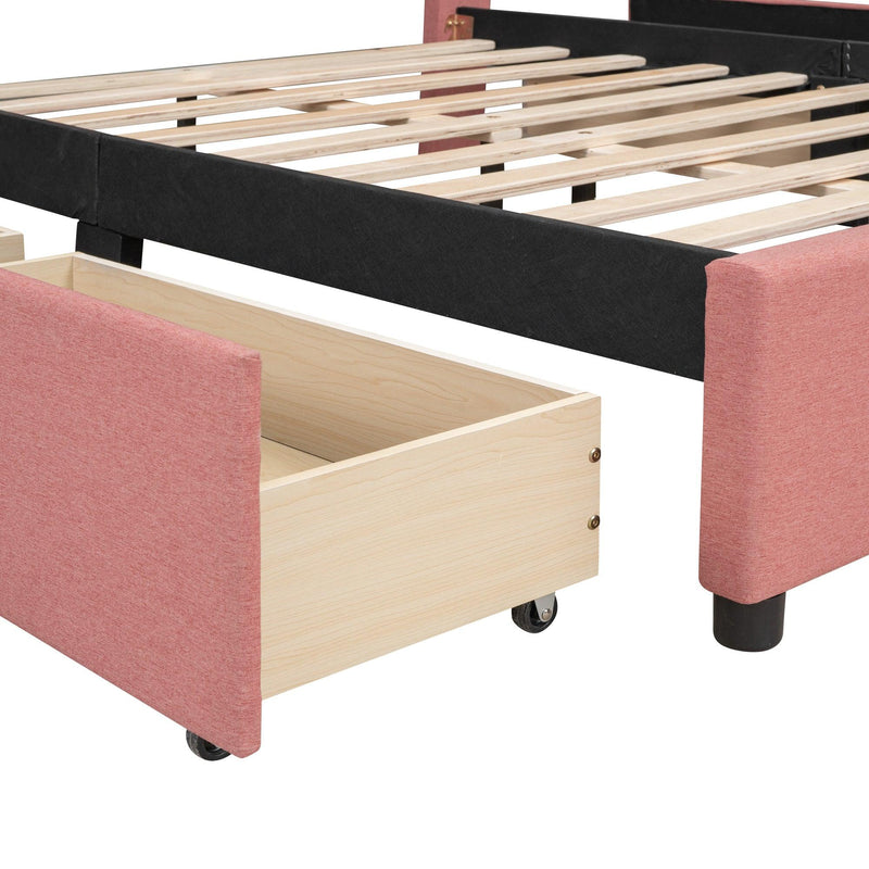 Full Size Upholstered Platform Bed with Brick Pattern Heardboard and 4 Drawers, Linen Fabric, Pink - Urban Living Furniture (Los Angeles, CA)