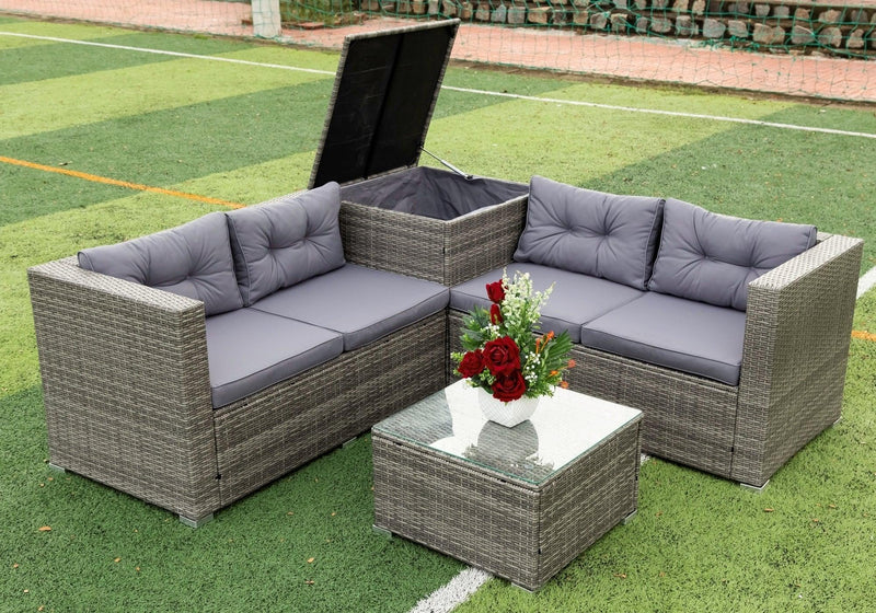 4 Piece Patio Sectional Wicker Rattan Outdoor Furniture Sofa Set withStorage Box Grey - Urban Living Furniture (Los Angeles, CA)