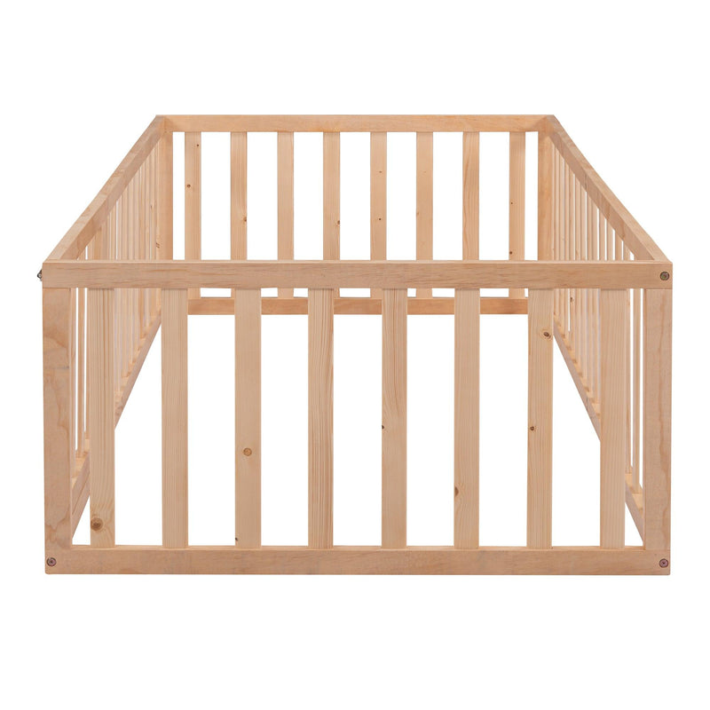 Twin Size Wood Floor Bed Frame with Fence and Door, Natural - Urban Living Furniture (Los Angeles, CA)