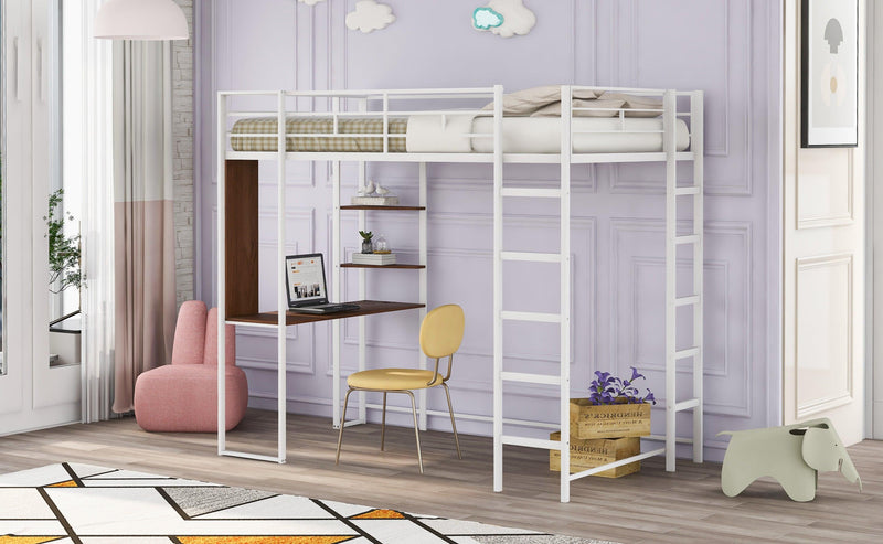 Twin Metal Loft Bed with 2 Shelves and one Desk ,WHITE