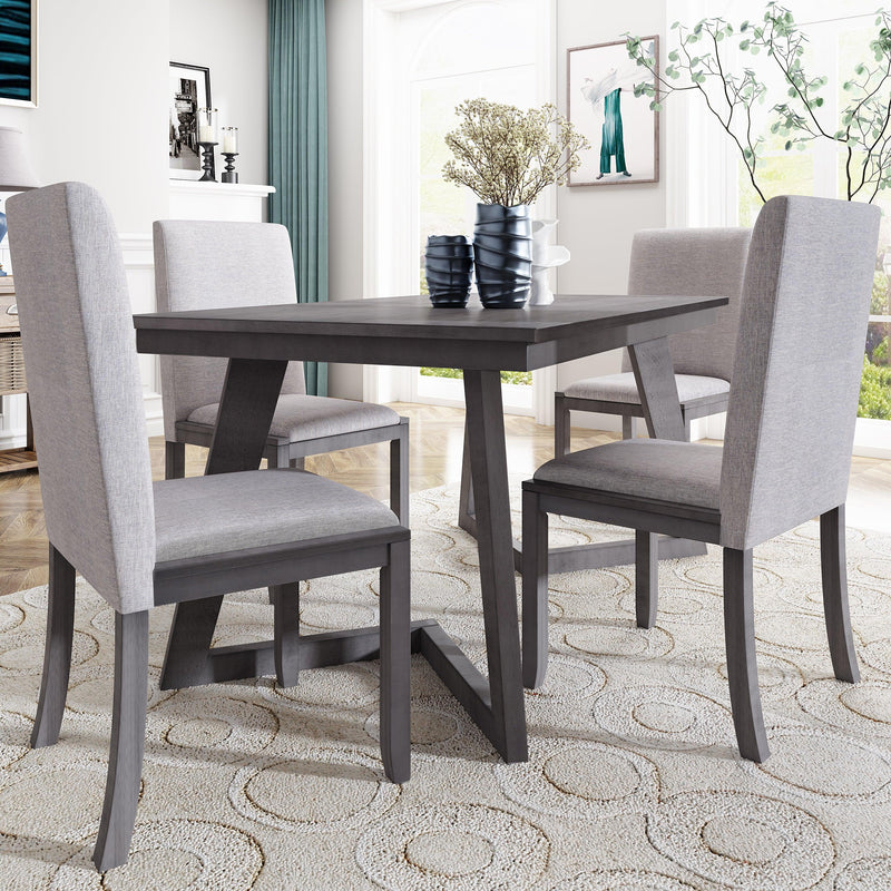 5-Piece Dining Set, Wood Rectangular Table with 4 Linen Fabric Chairs, Gray