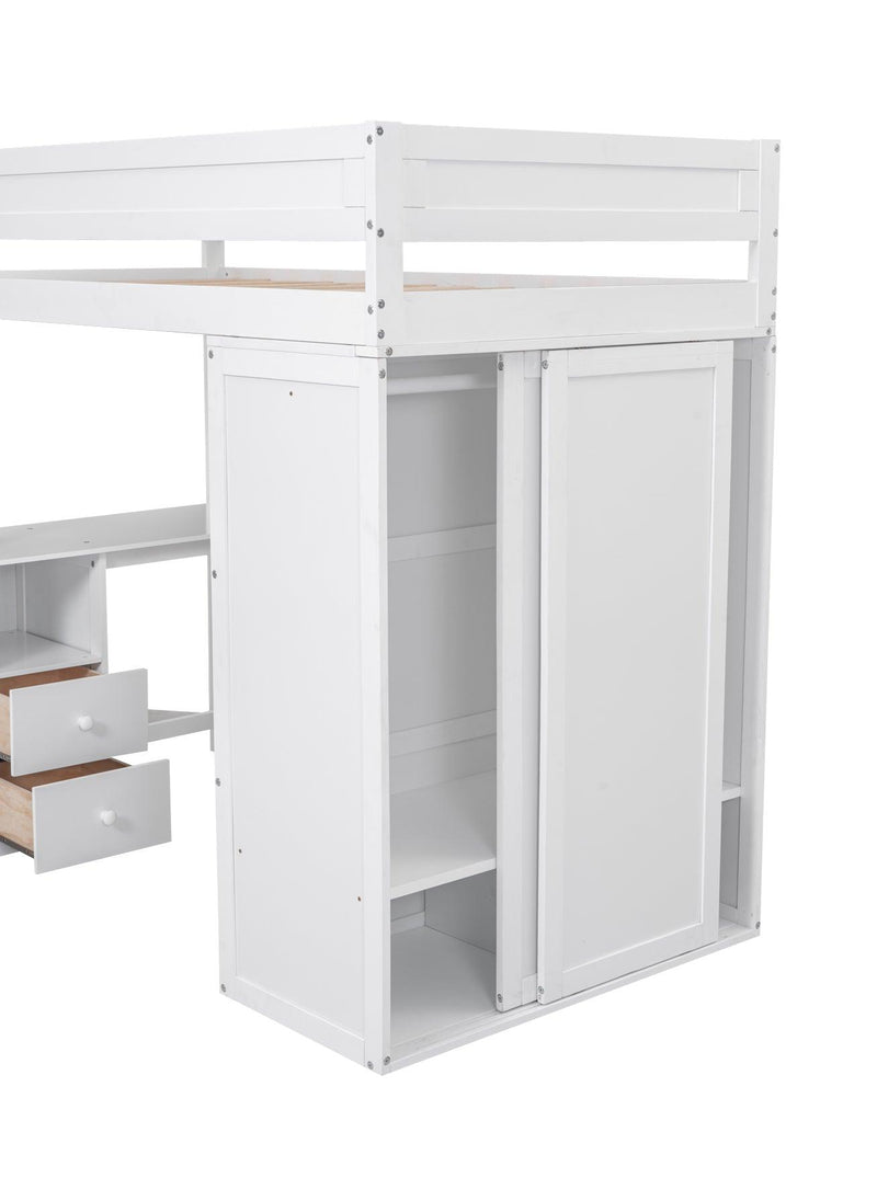 Wood Twin Size Loft Bed with Wardrobes and 2-Drawer Desk with Cabinet, White